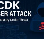 Illustration of a hacker targeting a car dealership, representing the CDK cyber attack on the auto industry.