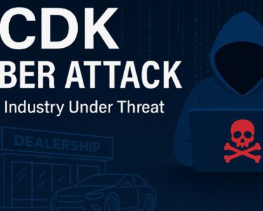 Illustration of a hacker targeting a car dealership, representing the CDK cyber attack on the auto industry.