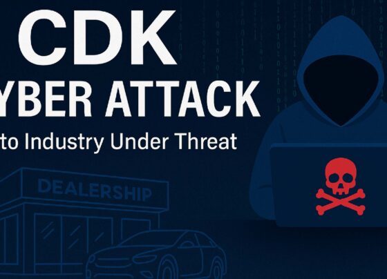 Illustration of a hacker targeting a car dealership, representing the CDK cyber attack on the auto industry.