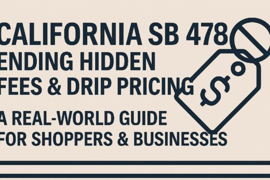 Professional banner image showing “California SB 478 – Ending Hidden Fees & Drip Pricing” with a price tag icon and bold legal-style design.