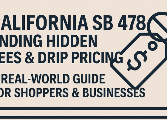 Professional banner image showing “California SB 478 – Ending Hidden Fees & Drip Pricing” with a price tag icon and bold legal-style design.